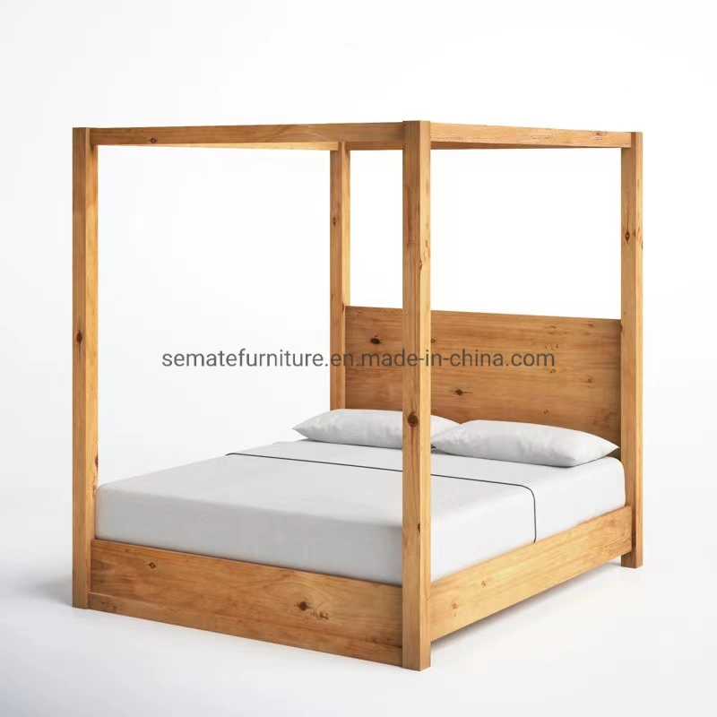 Estilo chino moderno Nordic Lápiz Natural Muebles de dormitorio cama Post Marco de cama con dosel de madera