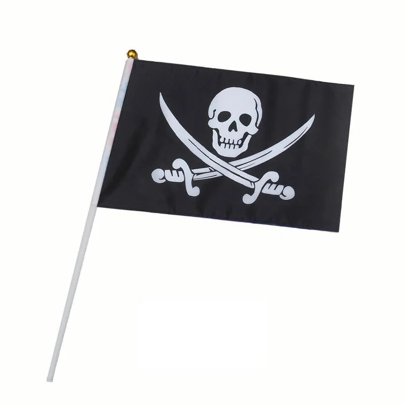 Custom Wholesale/Supplier 14X21cm 100d Polyester Plastic Pole and Wooden Pole Pirate Flag Handing Flag