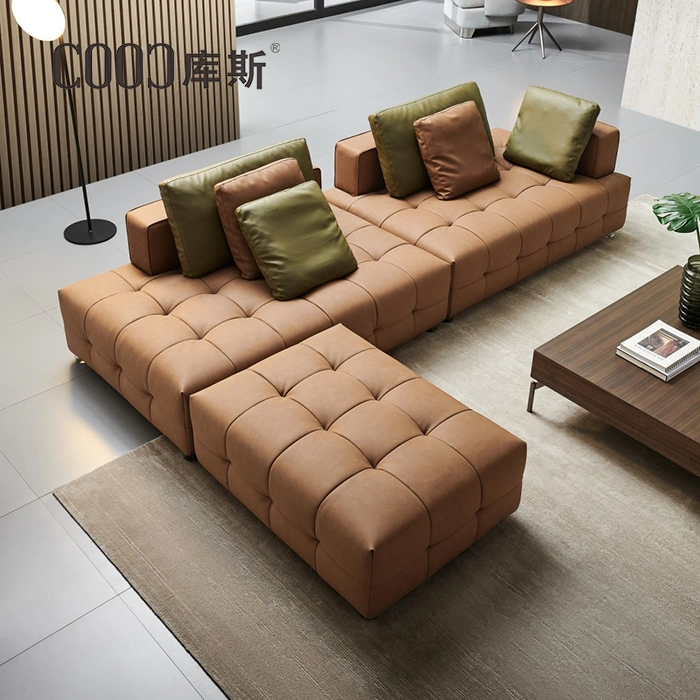 Chinese Wholesale/Supplier Modern Italian Villa Home Living Room Luxury L Shape Sectional Couch Tufted Genuine Leather Furniture Divan Sofa Set with Coffee Table