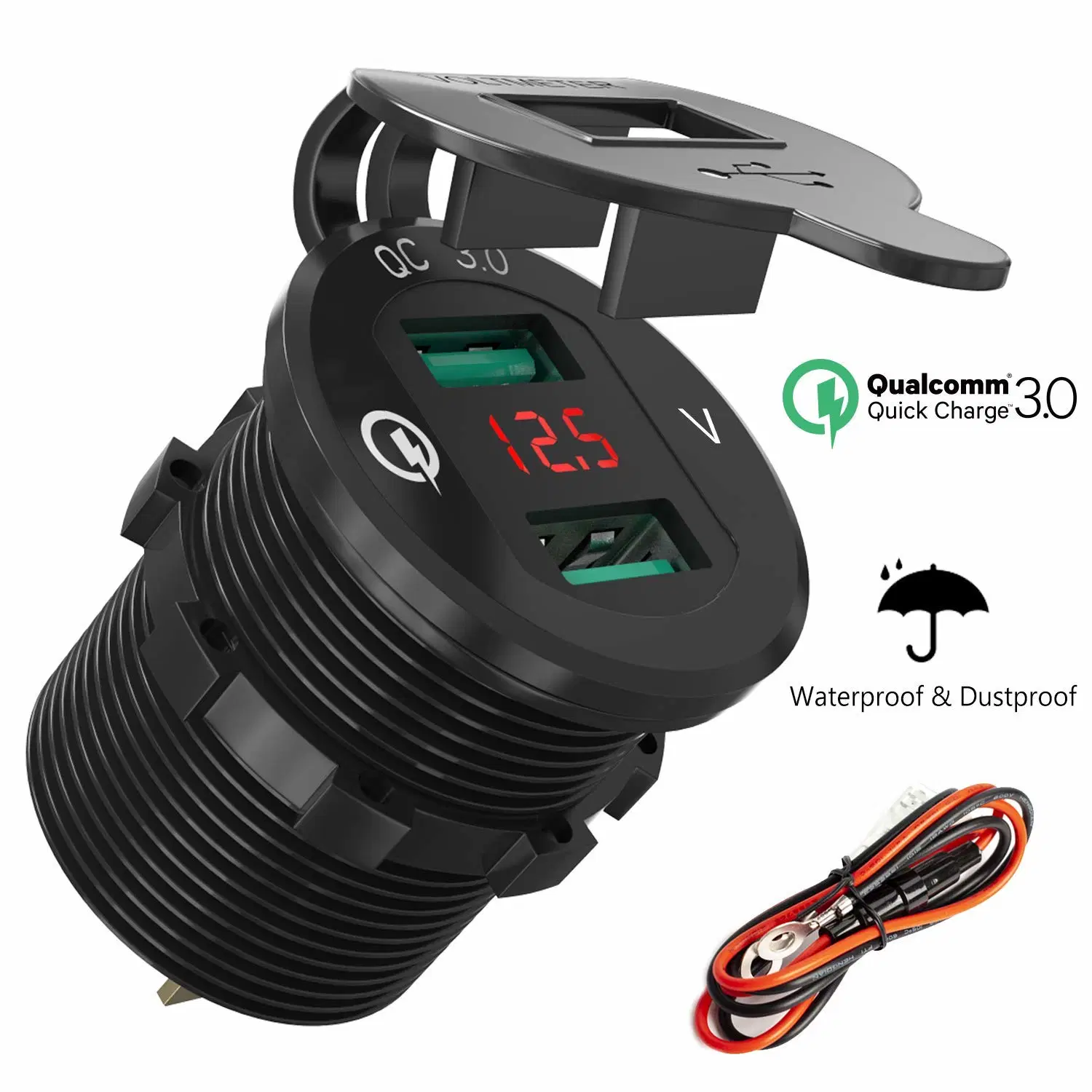 La carga rápida 3.0 Toma USB Cargador coche USB doble toma de corriente marina impermeable adaptador de mechero 36W con LED de carga rápida de voltímetro