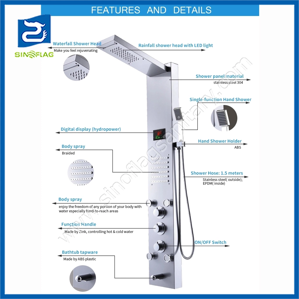 LED Digital Temperature Display Ss Shower Column Panel