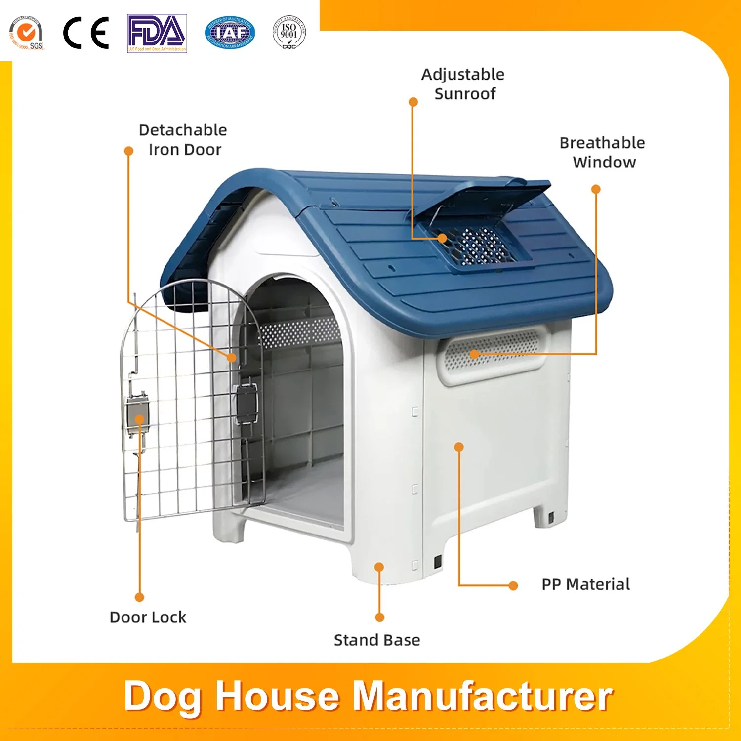 Disponibilidade para todas as estações à prova de chuva e de venda a quente, inodora, com isolamento amovível em plástico Pet Shelter Ventile material de PP exterior confortável Kennel Dog House