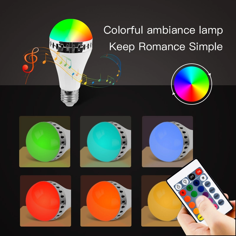 مصباح سماعة Bluetooth® اللاسلكية طراز E27 Smart RGB RGBW بقدرة 220 فولت بقدرة 12 واط مصباح LED ضوء مشغل الموسيقى جهاز التحكم عن بعد 24 مفتاحا بنظام صوتي قابل للتخفيت وحدة التحكم