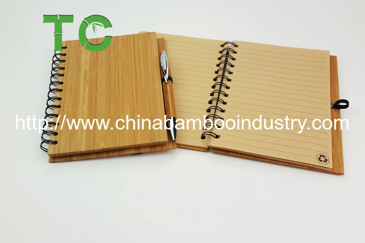 Ecoy Hot Sale Eco-Friendy Custom Logo Wooden Bamboo Cover Spiral Notebook with Ball Pen for Gift