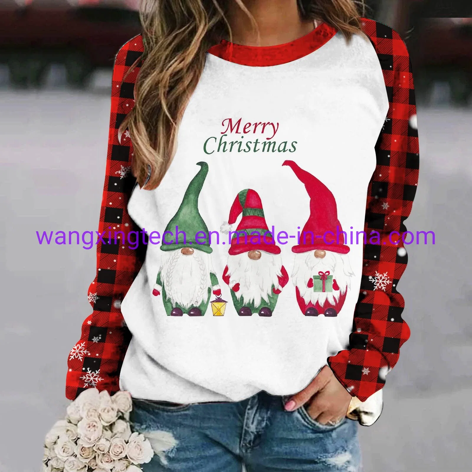 Mayorista 2022 Otoño Nuevo Digital impresión de Navidad Cartoon patrón Plaid Sudadera de cuello redondo para mujer