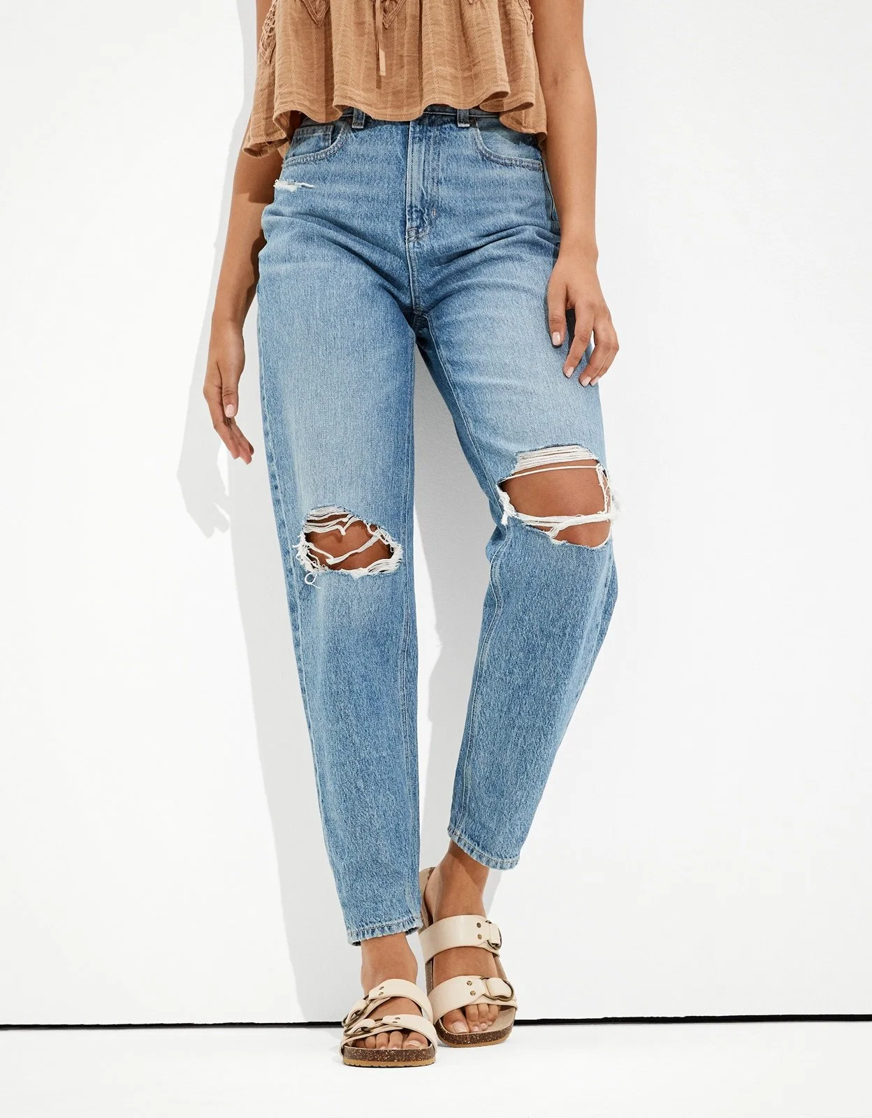 Großhandel Damen High-Waisted Gerissen Entspannt Volle Länge Mama Denim Hose Jeans