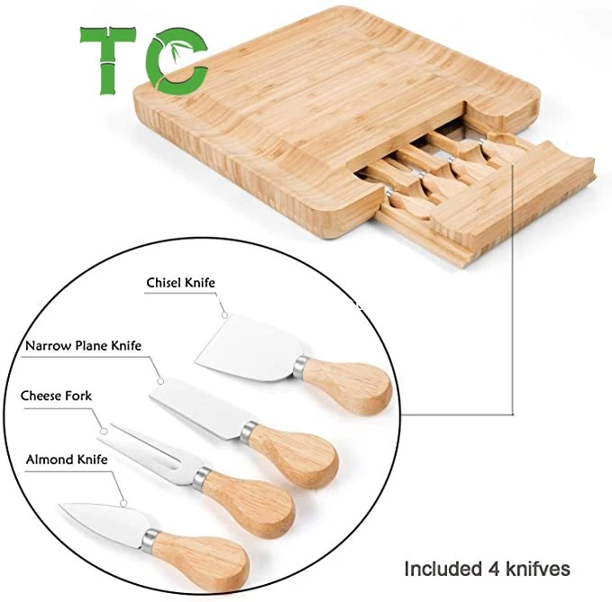 Eco-Friendly Bamboo Cheese Board Set with Cutlery in Slide-out Drawer