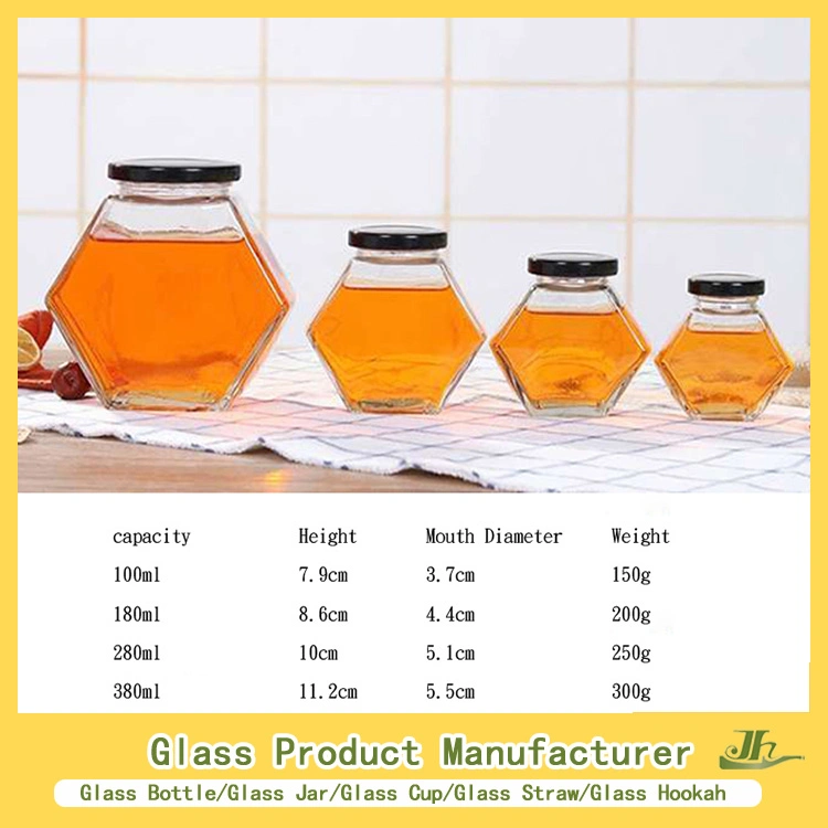 Customized Hexagon, Square, Round Honey/Jam/Pickle/Coffee/Candle/Mason/Pudding/Yogurt/Tea/Kitchen Food Storage Clip-on Glass Container Manufacturer