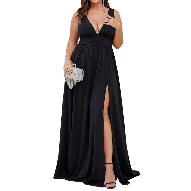 Plus Size Women's Sleeveless V Neck Empire Waist High Slit Long Maxi Wedding Evening Party Dress for Special Occasions Elegant