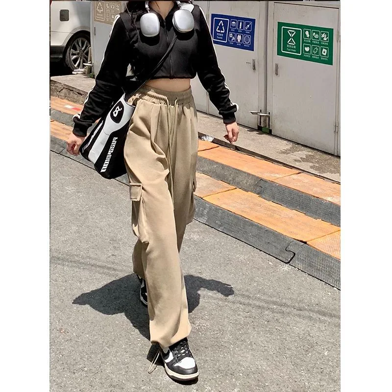 Retro Straight Wide Leg Pants Drawstring Multi-Pocket Athletic Sports Wear Pants Loose Street Cargo Pants