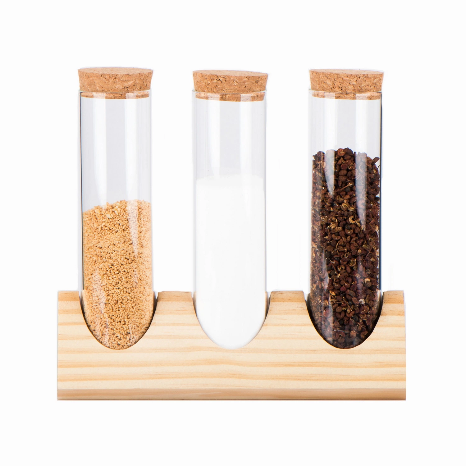 3PCS 220ml Tube Shape High Borosilicate Glass Jar Glass Spice Bottle with Cork Lid and Wood Stand