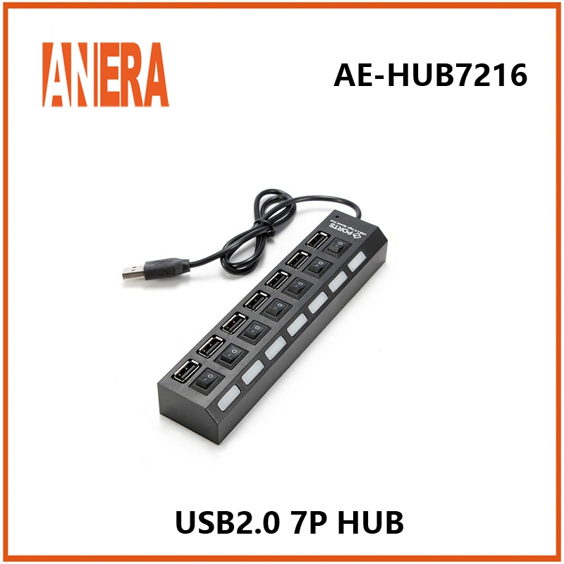 Interruptor individual de alta velocidade fina ANERA Hot Selling 7 Portas Hub USB 2.0 com cabo de 45 cm para PC portátil Computador