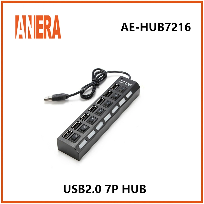 Anera Hub USB 2.0 à 7 ports mince et léger avec interrupteur individuel et câble de 45 cm, idéal pour ordinateur portable et PC.