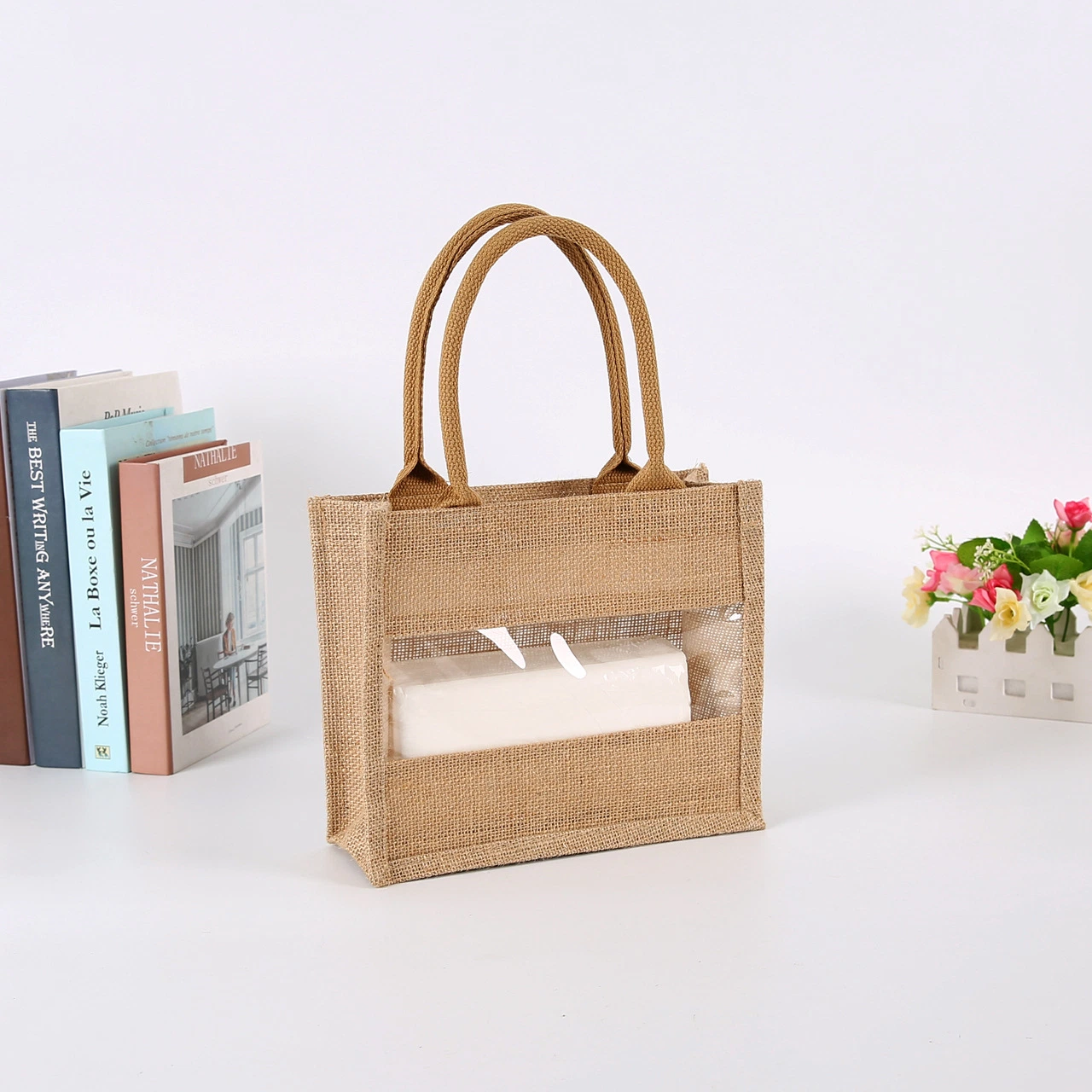 Reusable PVC Transparent Window Promotional Shopping Jute Bag