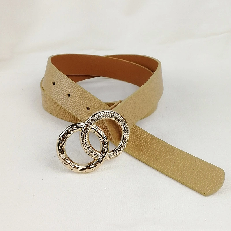 Fashionable Leisure Double Circle Pin Metal PU Leather Metal Buckle Belt for Garment Accessories