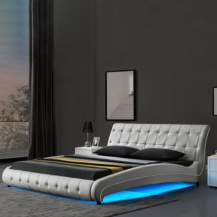 Italia Buttoned Willsoon 1144-1 estilo diseño sintético de PU de lujo doble marco de la cama con un elegante curva&amp;Luz LED