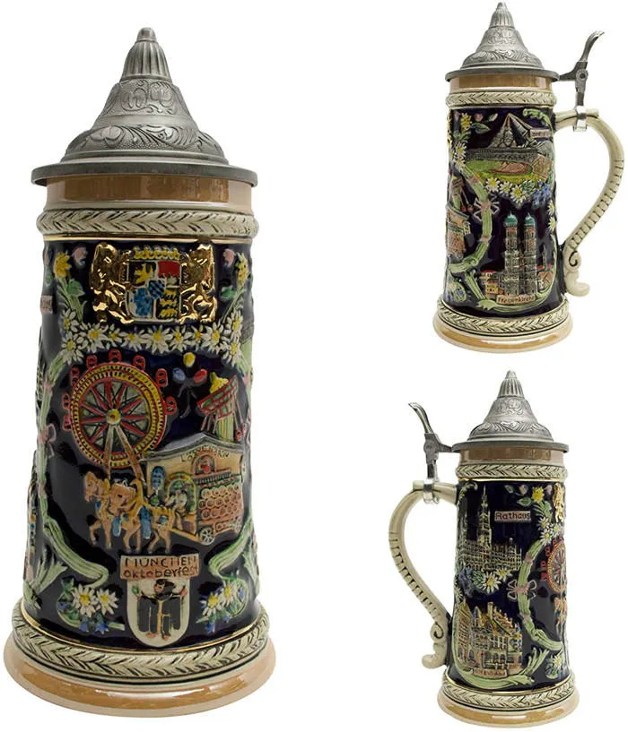 Fashion Carved German Ceramic Beer Steins German Carnival Collectible Ceramic Beer Stein with Ornate Metal Lid Custom Reusable Enamel Unicorn Wine Cup Beer Mug