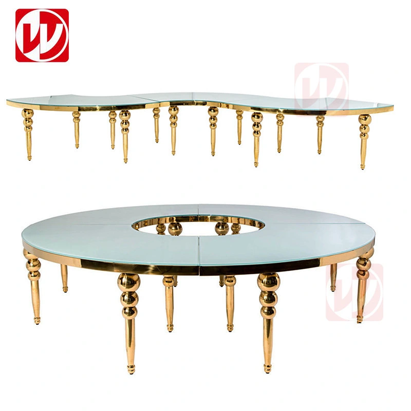 Mesa Redonda de 340 cm Luxury Wedding Serpentine espelho de vidro dourado Mesa de restaurante para banquetes Half-Moon em aço inoxidável brilhante para festas