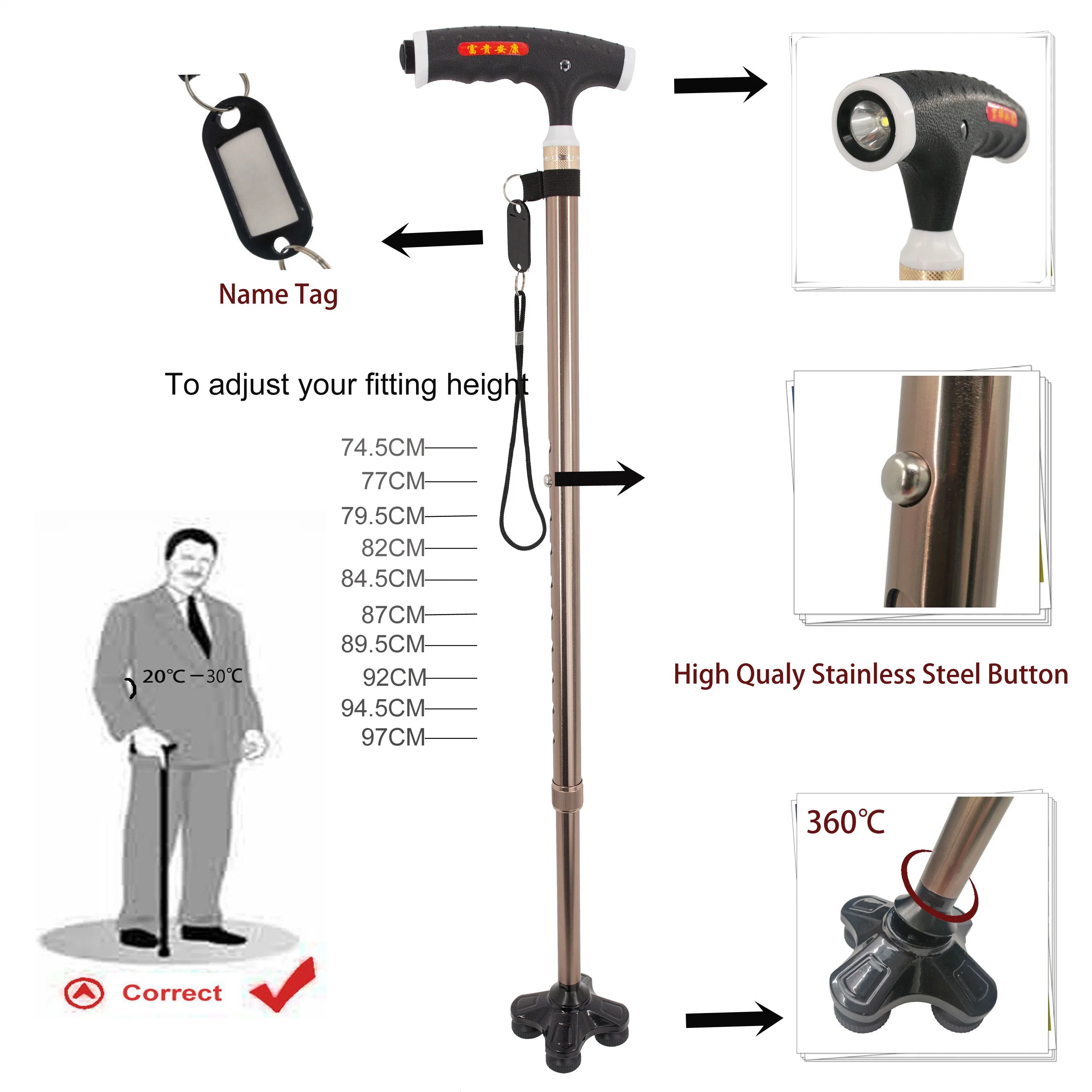 Health Care Aluminum Popular Handle with Magnet Walker Walking Stick