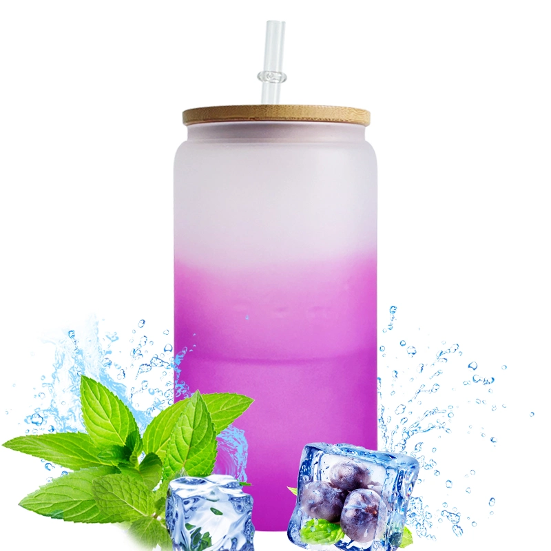 USA Warehouse 16oz Color Change Glass Can Can Shaped Drinkware with Bamboo Lid and Straw for White Sublimation Transfer