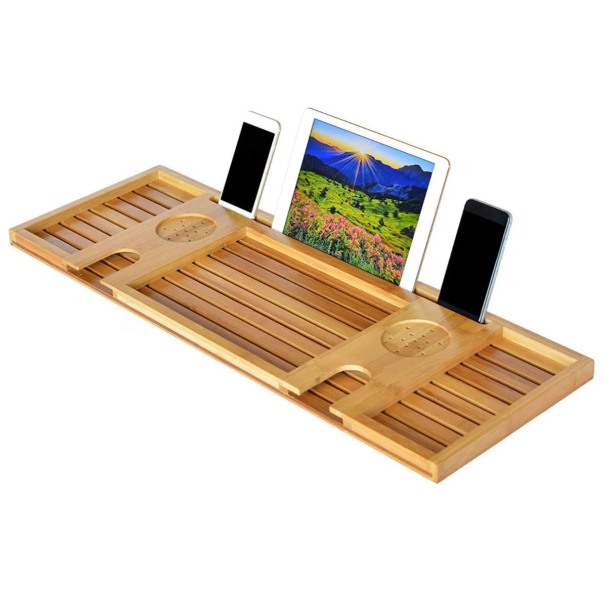 Bañera de lujo Caddy Bandeja (bambú) Organizador ampliable W/Tablet desmontable, respaldo, titular de la copa de vino, el smartphone titular SPA portátil comodidad