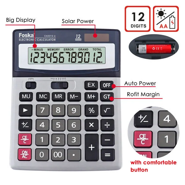 12 Digit Solar Power Electronic Office Calculator