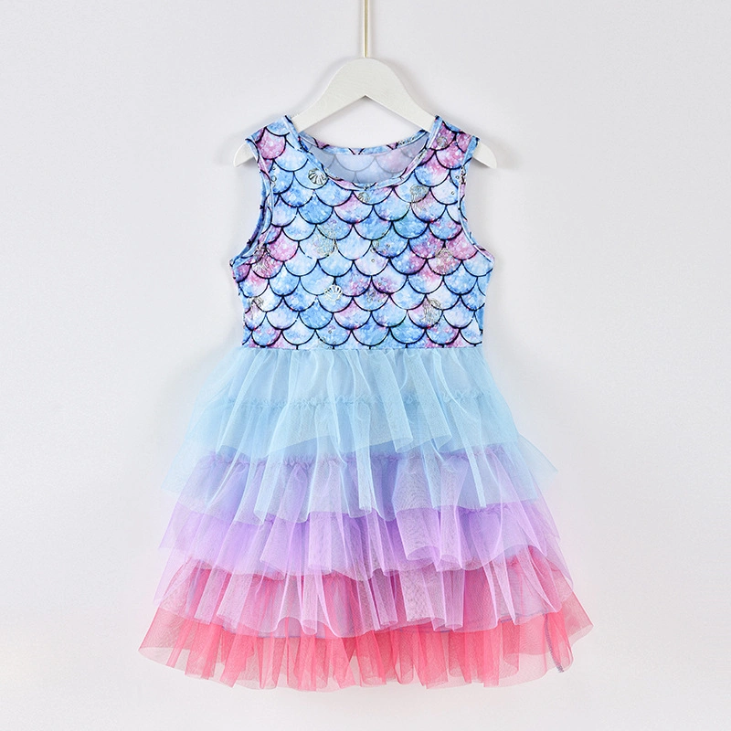 Girls Dress Elsa Mermaid Pommel Skirt Princess Skirt Gradient Scales Gauze Skirt Tutu Cake Skirt