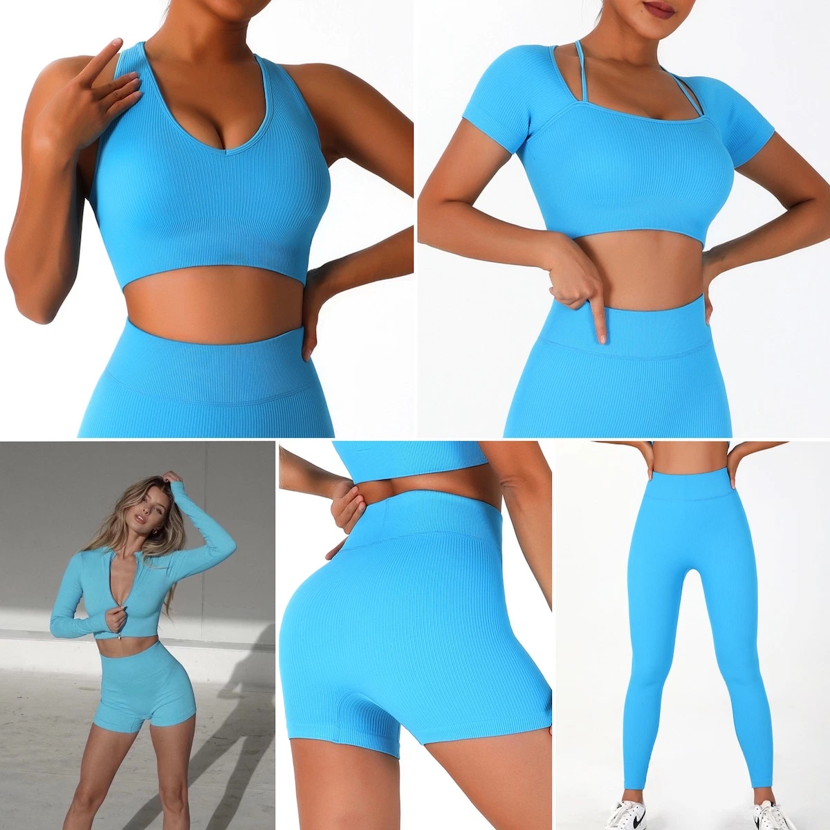 5PCS Ribbed High quality/High cost performance Working out Set Body Shaping Training Apparel for Women, Custom Seamless Sportswear Fitness Top + Yoga Shorts + Leggings Gym Wear