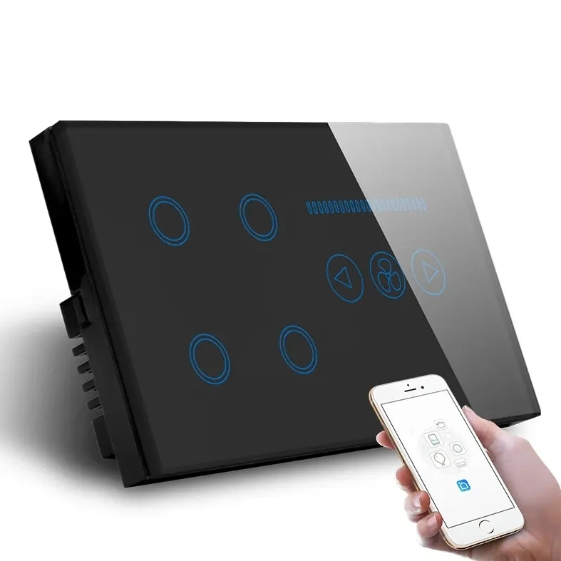 Commutateur d'éclairage intelligent Wi-Fi, panneau tactile en verre, 4 modules, alimentation électrique Commutateurs de variateur de ventilateur télécommande sans fil par Alexa Google Home