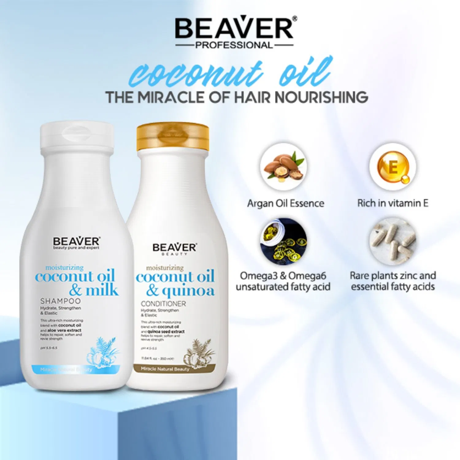 Beaver Wholesale/Supplier 350ml/730ml Deep Moisturizing Coconut Oil Hair Shampoo and Conditioner