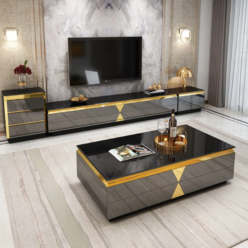 Móveis de sala de estar modernos Conjunto de mesa de café e suporte de TV em aço inoxidável, espelho de vidro.