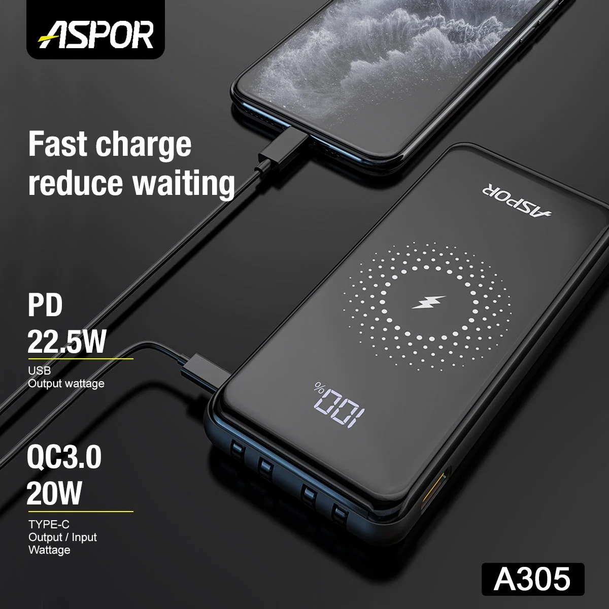 كبلات 4 في 1 Fast Power Bank PD 22.5 5W + شحن لاسلكي في QC بقدرة 20 واط + 15 واط لكل الهواتف المحمولة