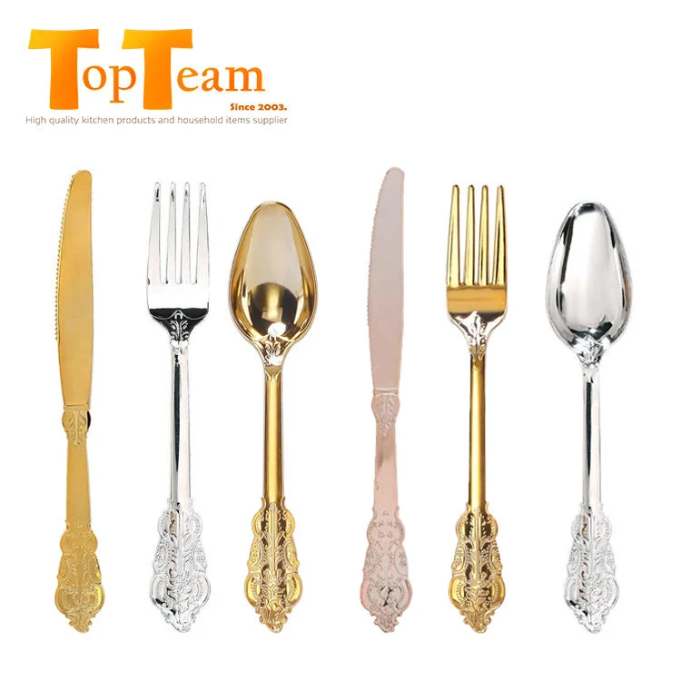 Gold Plastic Silverware Carved Cutlery Set Embossed Silver Vintage Design Disposable Rose Gold Elegant Cutlery