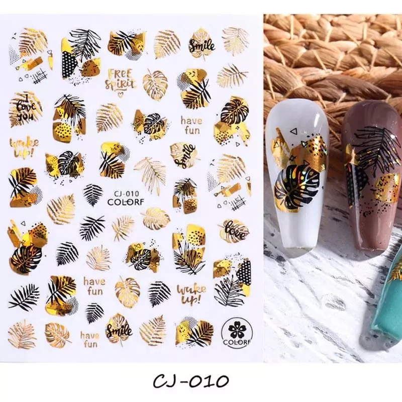 Hot Sale Bronzing Laser Gold Nail Stickers Plant Marple Leaf Butterfly Abstract Face Flowers Nail Decals