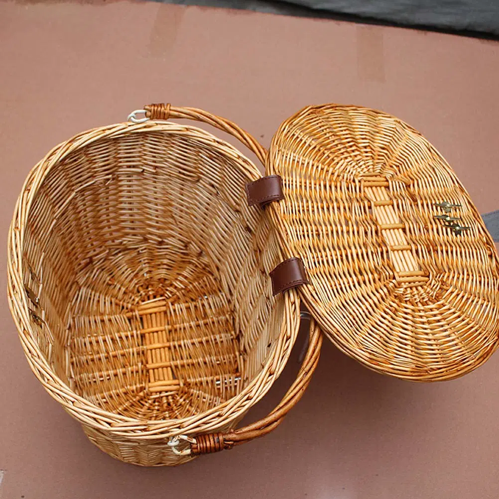 Hand-Made Front Handlebar Wicker Bike Basket with Cover Adjustable Strip Natural