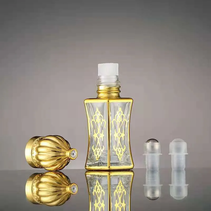 Luxury Golden 3ml 6ml 10ml Human Attar Oil Bottle Fragrance Roll on Glass Container Essential Oil Dropper Bottle Perfume Glass Utensil Scent Pack Beauty Case