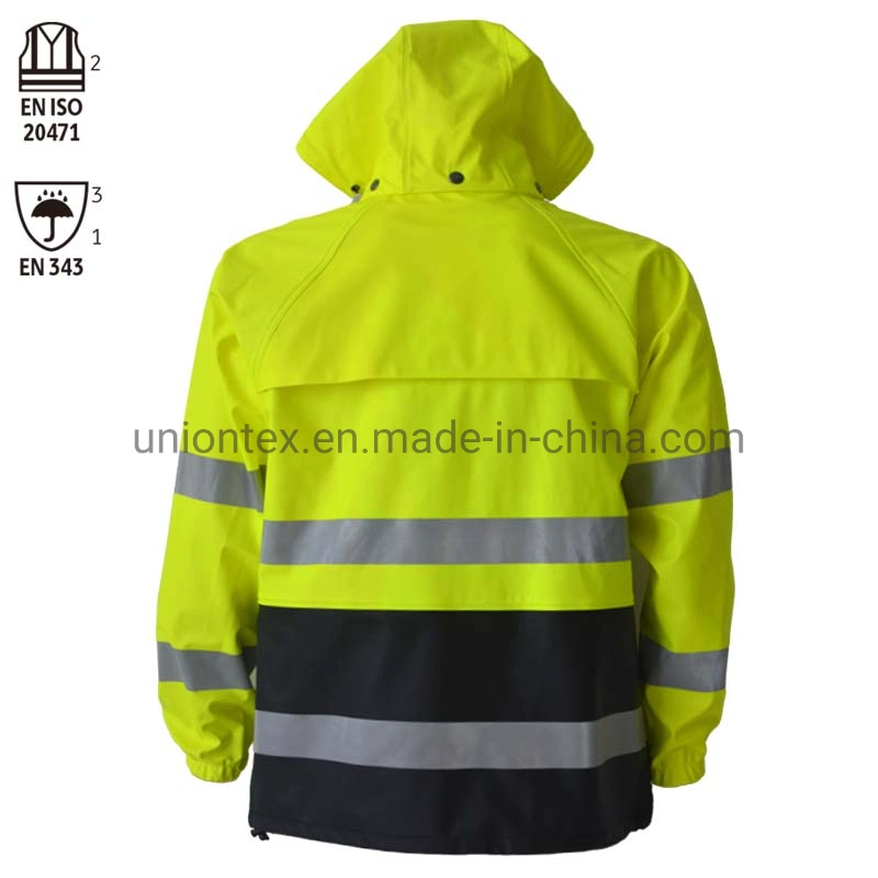 Mens Hi Vis Visibility Viz Work Safety PU Rain Jacket Hooded Waterproof Jacket