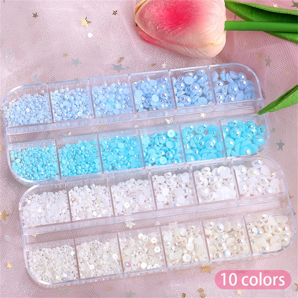 Tamanho da mistura Nail Art Pearls Dicas meia rodada AB brilhante Pérolas 3D unha contas rhinestone decoração DIY Salon Manicure fornecimento