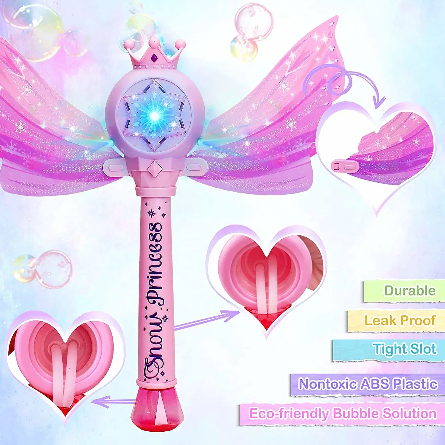 Princess Magic Bubble Wand Machine Soap Bubble Stick Toys for Girls with Wings Outdoor Indoor Bubble Launcher Toys