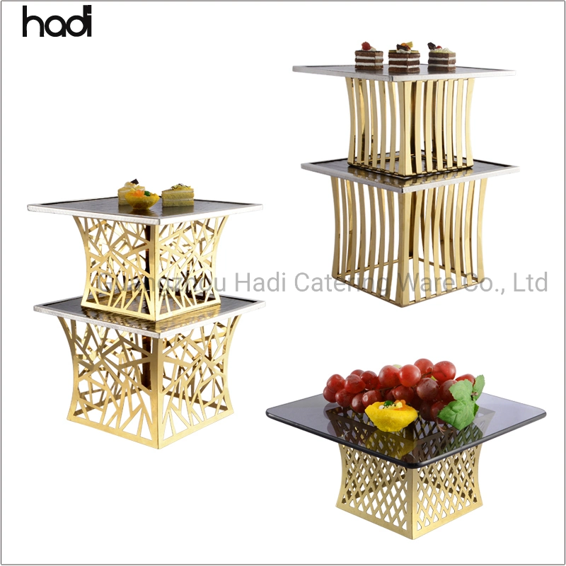 Hotel Bankett Ausrüstung Hochzeit Dekorative Quadratische Dessert Gold Glas Kuchen Serviert Werden Platten Buffet Risers Stand Buffet Elevation