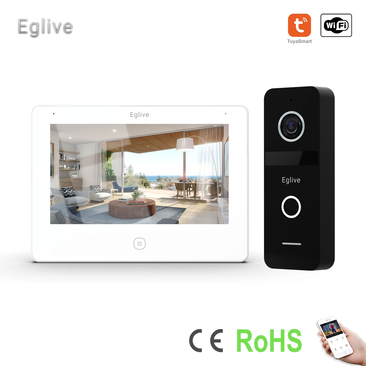 Eglive 7"UTP/IP WiFi Video Doorphone с управлением ЧЕРЕЗ ПРИЛОЖЕНИЕ для двусторонней аудио