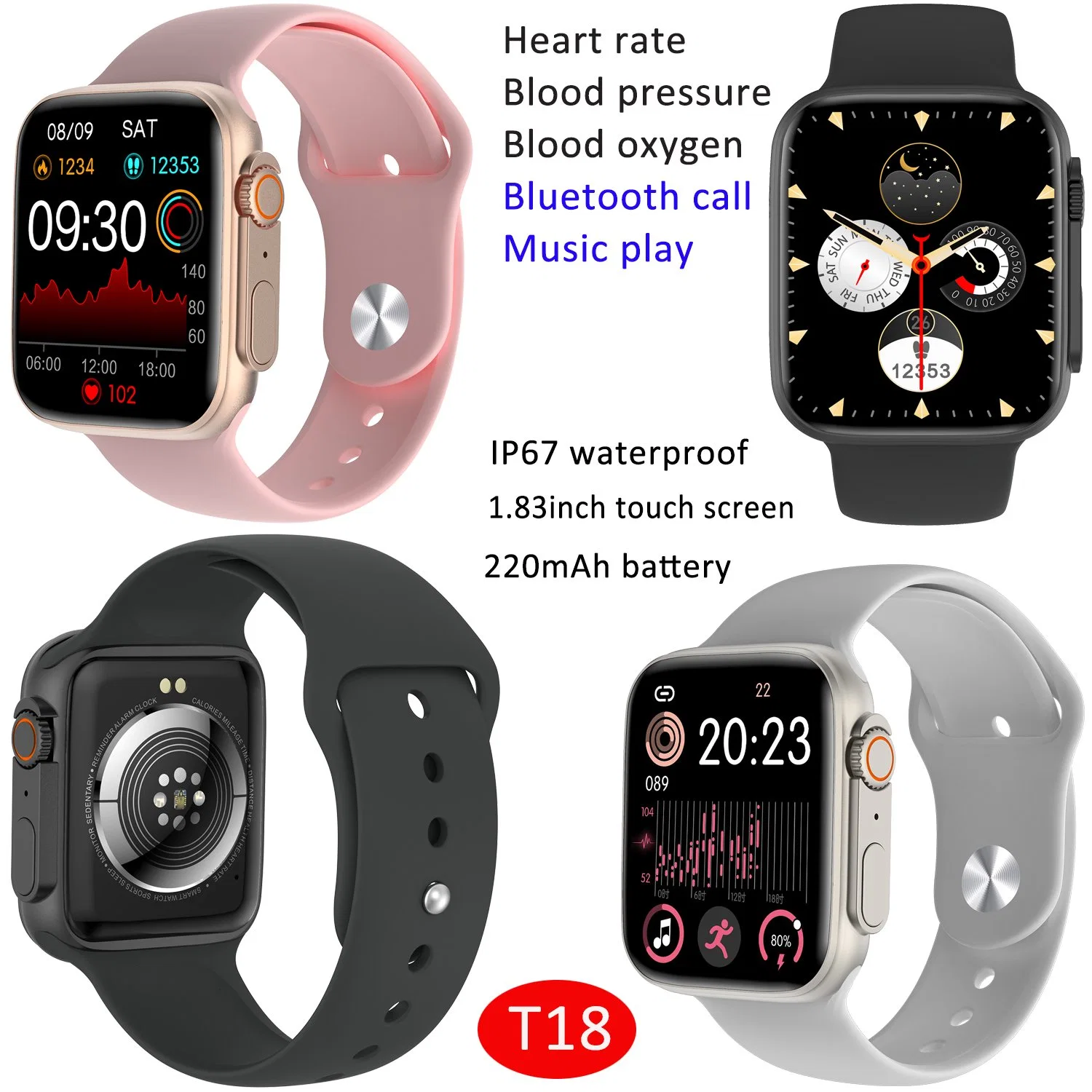 1.83 Inch Touch screen IPS BT Call Play Music Sport Fitness Wristband Bracelet Women Smart Watch T18