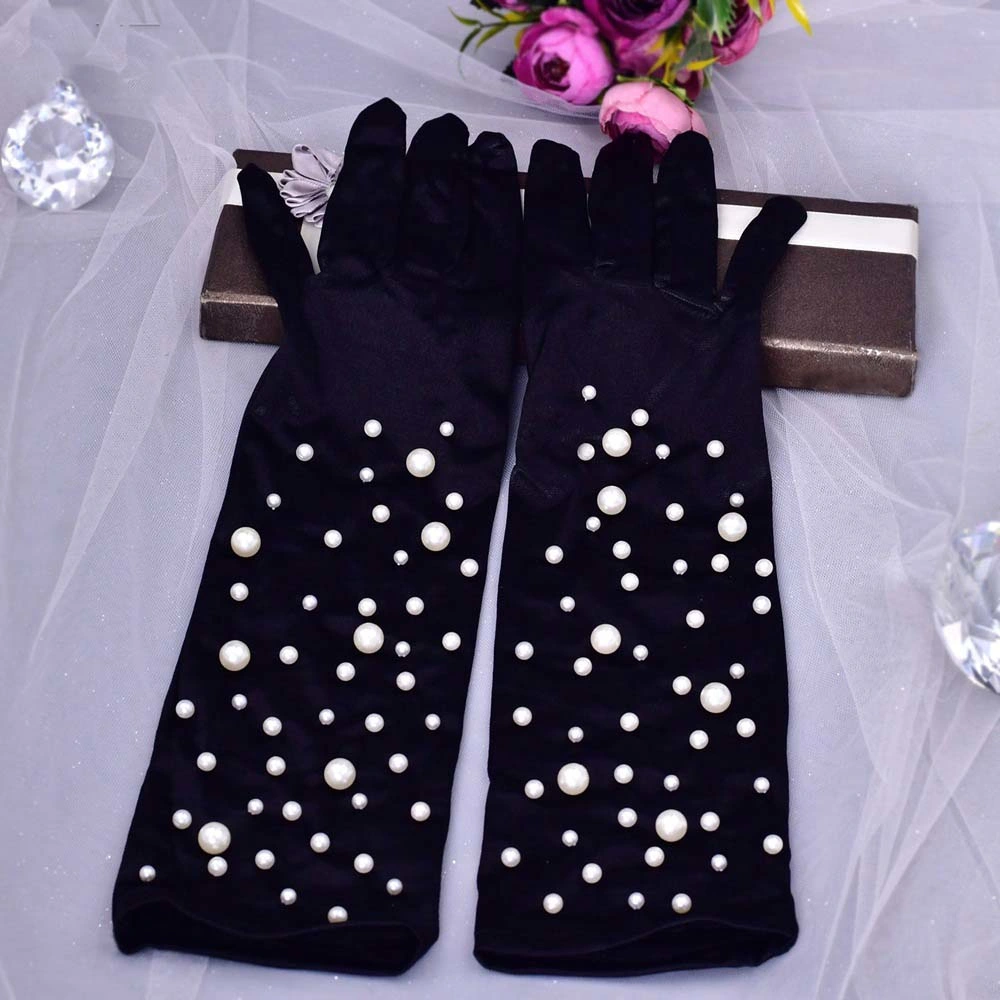 Hwg3012 Long Black Satin Studded Gloves Dress, Bride Pearl Wedding Accessories