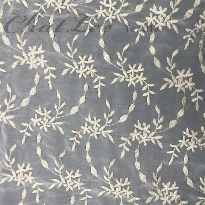 Polyester Chiffon White Leaf Flower Embroidery Fabric for Garment Fabric Dclothes