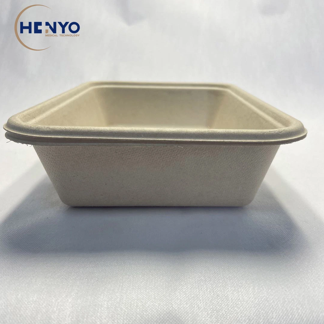 Disposable Biodegradable Bagasse Tableware 800ml Square Lunch Box Meal Box with Pet Lid