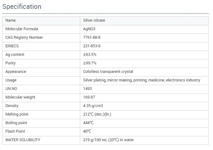 Reactivos de laboratorio AgNO3 CAS 776 1-88-8 para Plateado de plata 99,8% Plata-nitrato sólido