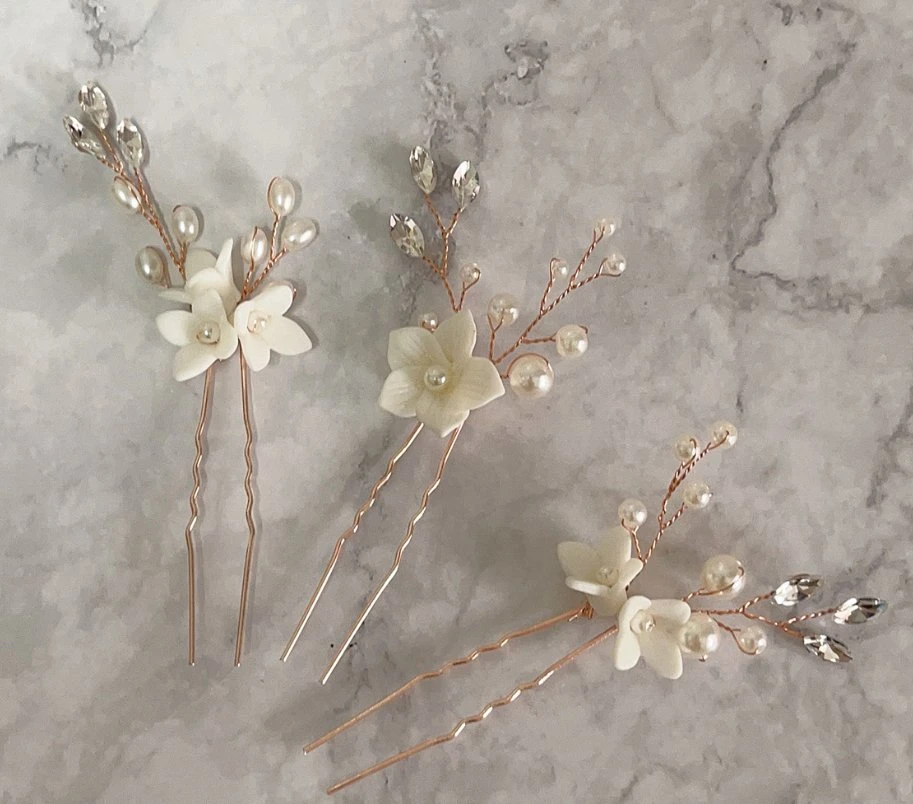 Bridal Wedding Clay Hair Stick Hair Pin. Bridal Rhinestone Porcelain Flower Hair Pin Hair Accessories. Wedding Porcelain Flower Hair Stick Headpiece 3PS/Set