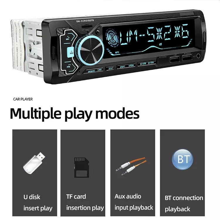 Un autoradio DIN avec lecteur audio MP3 et Bluetooth, deux ports USB.