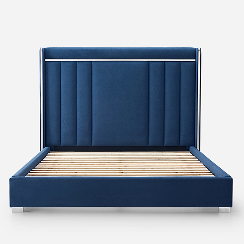 Luxo moderno Home Hotel Flat Perna inoxidável cama estofadas e mobiliário de quarto tecido azul roupa de algodão Bed