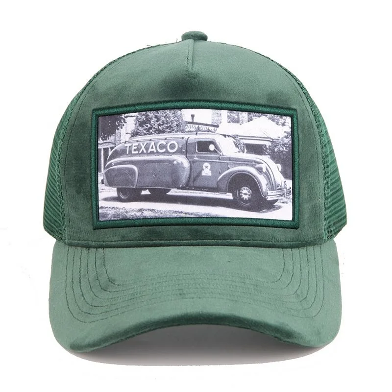 Mens Mesh 5 panneau personnalisé camionneur Patch brodé Gorras Cap Applique un camionneur de velours de chapeaux